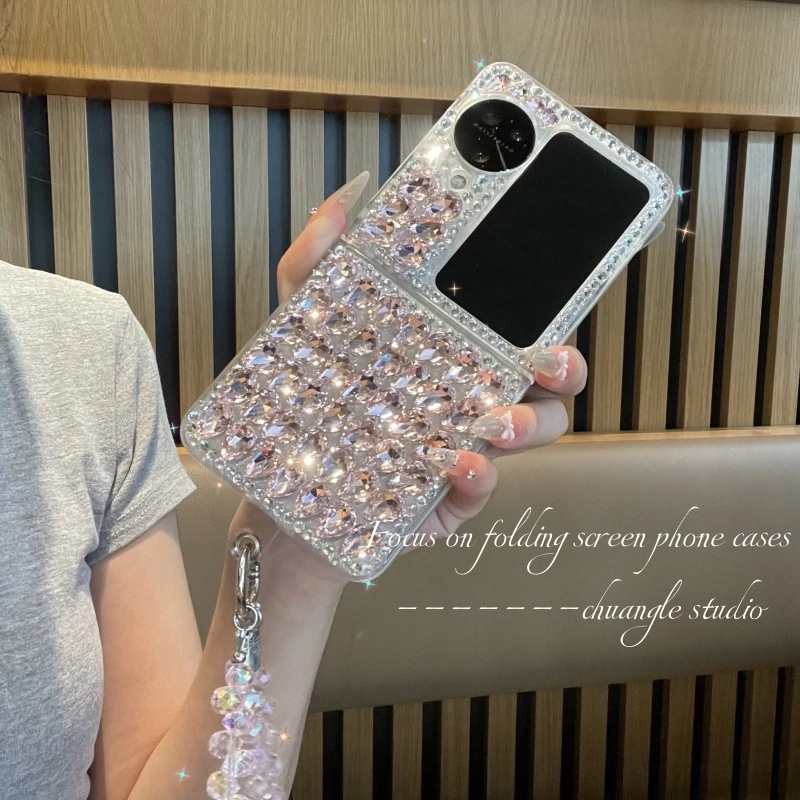 适用于oppofindn3flip手机壳粉色满钻奢华保护壳手提重工镶钻女款