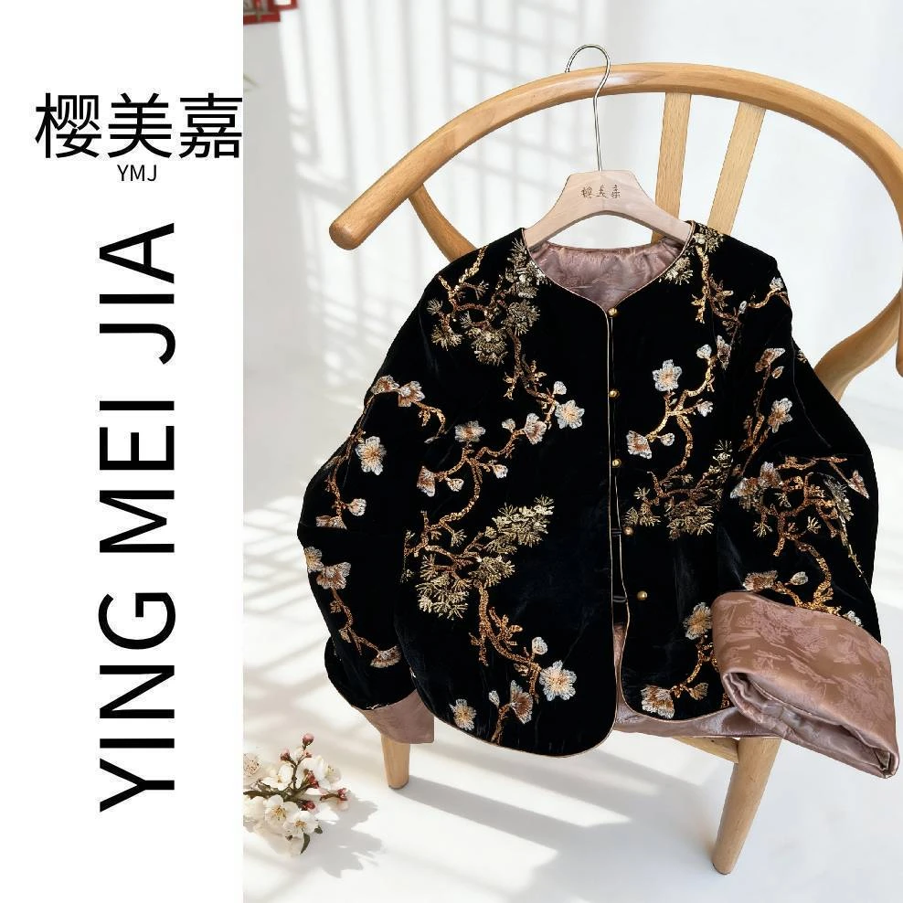 DY3128樱美嘉100桑蚕丝真丝丝绒秋季重工刺绣外套新中式复古衬衫