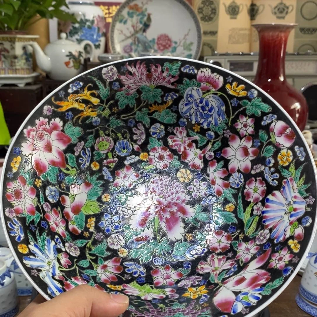 狗***墙摆件手绘黑地百花大碗