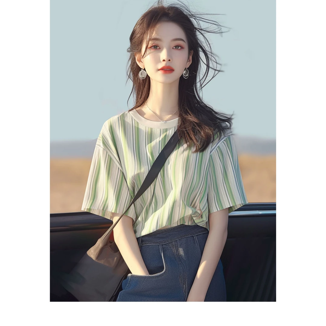 洋气独特超好看上衣别致绝美漂亮薄荷漫波风条纹正肩短袖T恤女夏