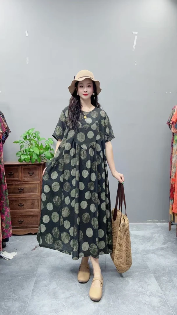 5095夏季新款清凉气质时尚复古遮肚宽松女显瘦百搭圆领休闲连衣裙