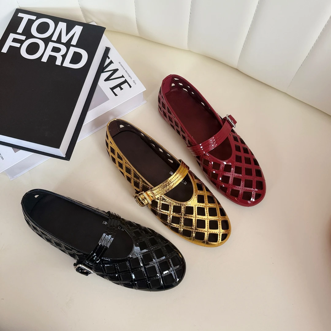 AMOAF真皮镂空一字带浅口平底单鞋百搭女鞋鞋子瓢鞋AF25-442