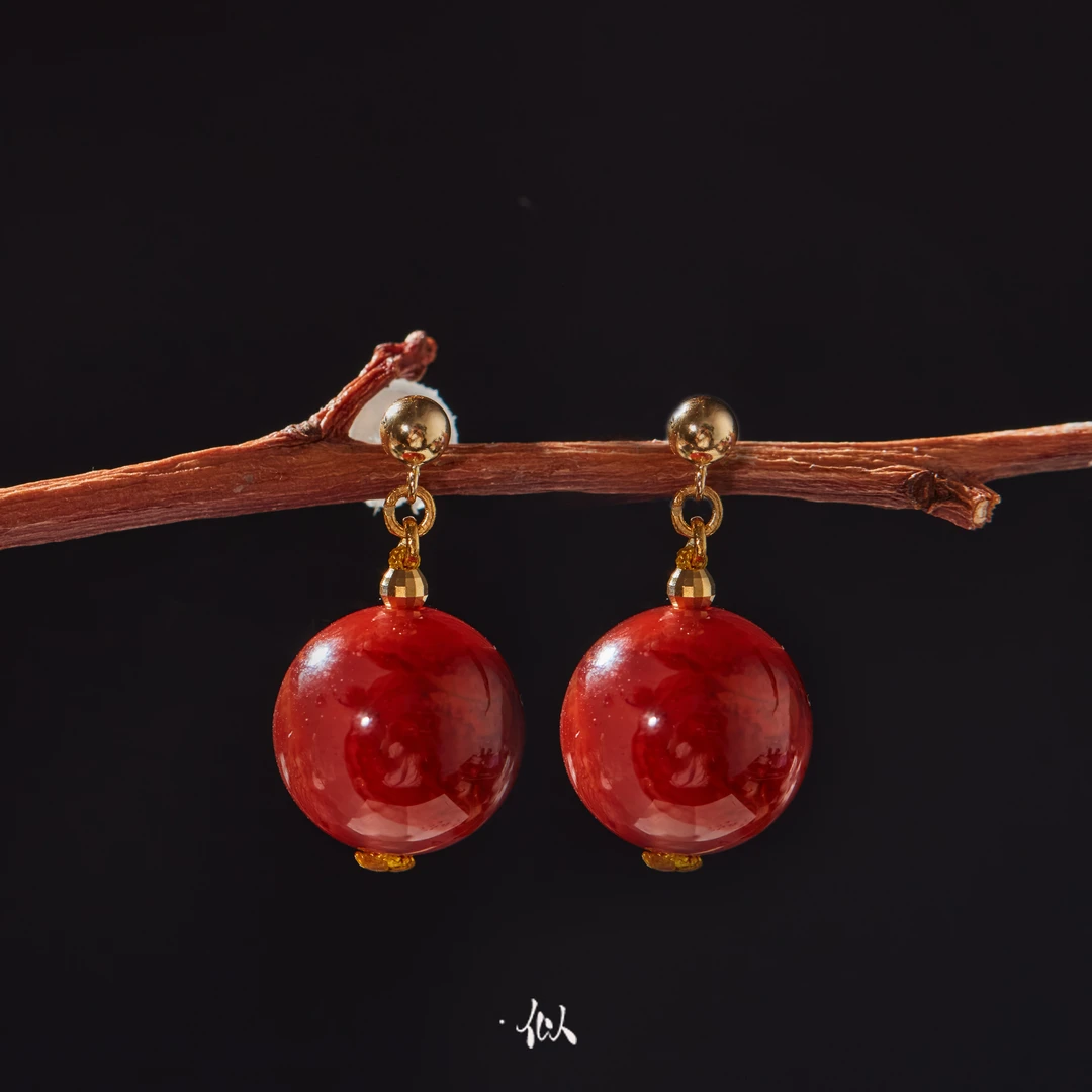 【红晕】·似梓珠宝· 18K南红圆珠耳坠 XYGD017016-C