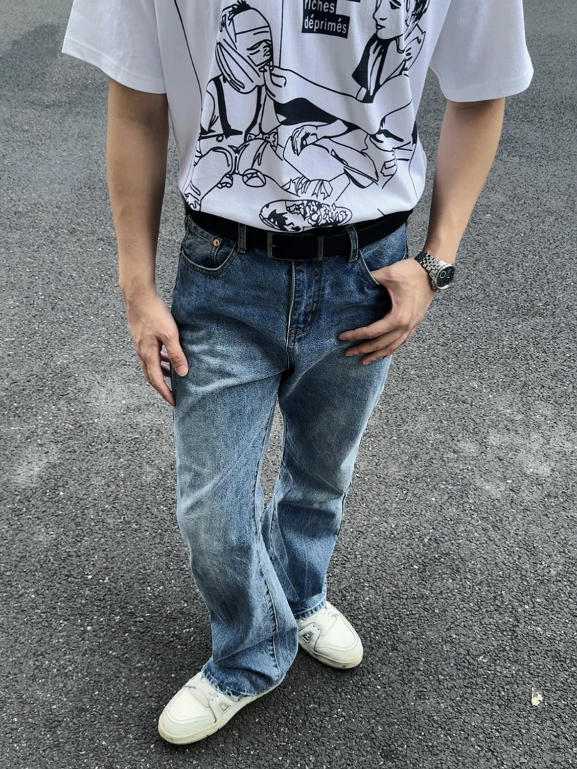 cleanfit 自主vintage517冰蓝牛仔裤水洗微喇修身直筒牛仔长裤潮