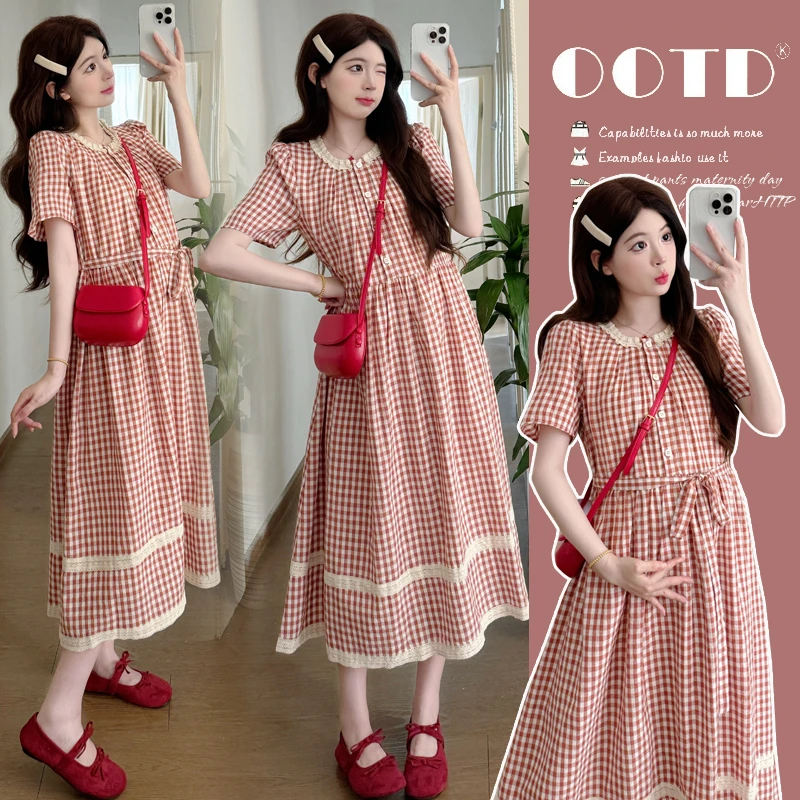 孕妇装连衣裙2025夏季新款韩版时尚红格子花边拼接洋气潮妈裙子
