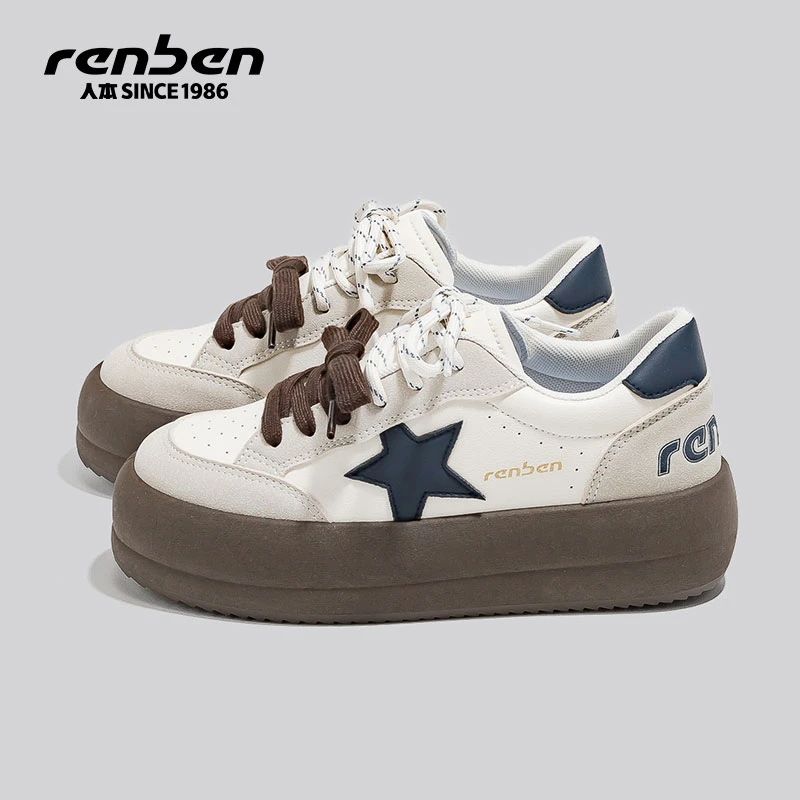 人本小白鞋女款2025春秋季新款小个子增高复古面包鞋星星厚底板鞋