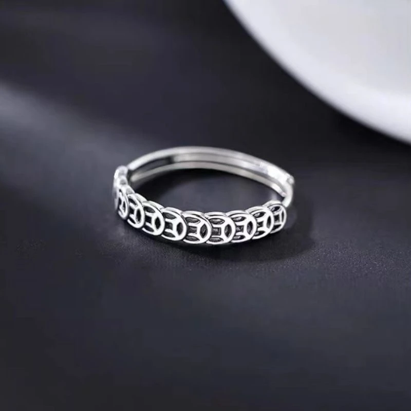 铜合金戒指 银色复古铜钱戒指个性设计开口情侣食指潮流指环