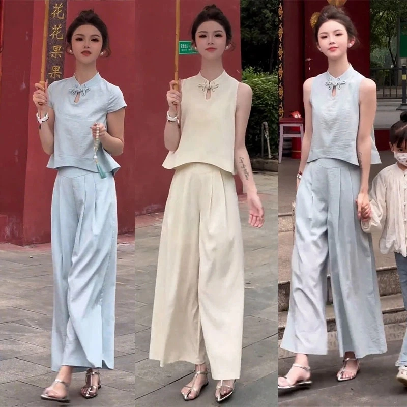 新中式立体装饰花盘口不规则复古显瘦上衣高腰垂感阔腿裤两件套装