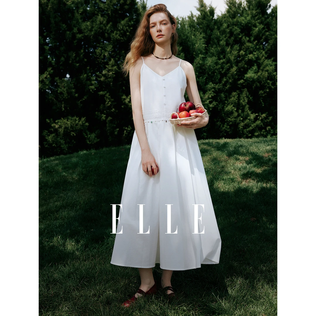 ELLE度假风吊带连衣裙女2025夏季新款法式设计感优雅a字裙EL52062