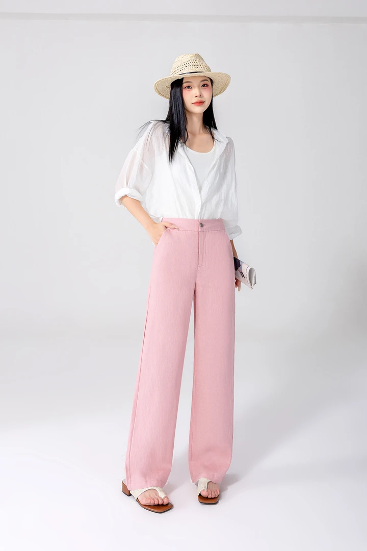 夏季新款高腰直筒亚麻休闲裤女气质显瘦垂感透气舒适薄款——981