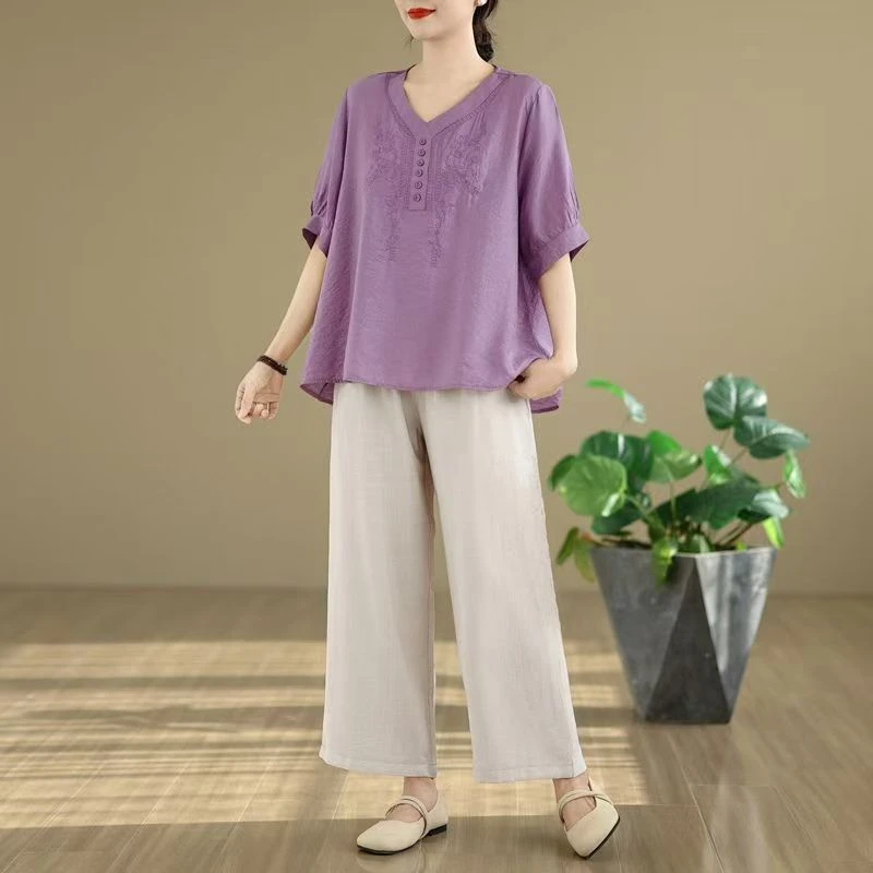 【现货+运费险】两件套文艺复古刺绣薄款棉麻短袖套装宽松大码V1007