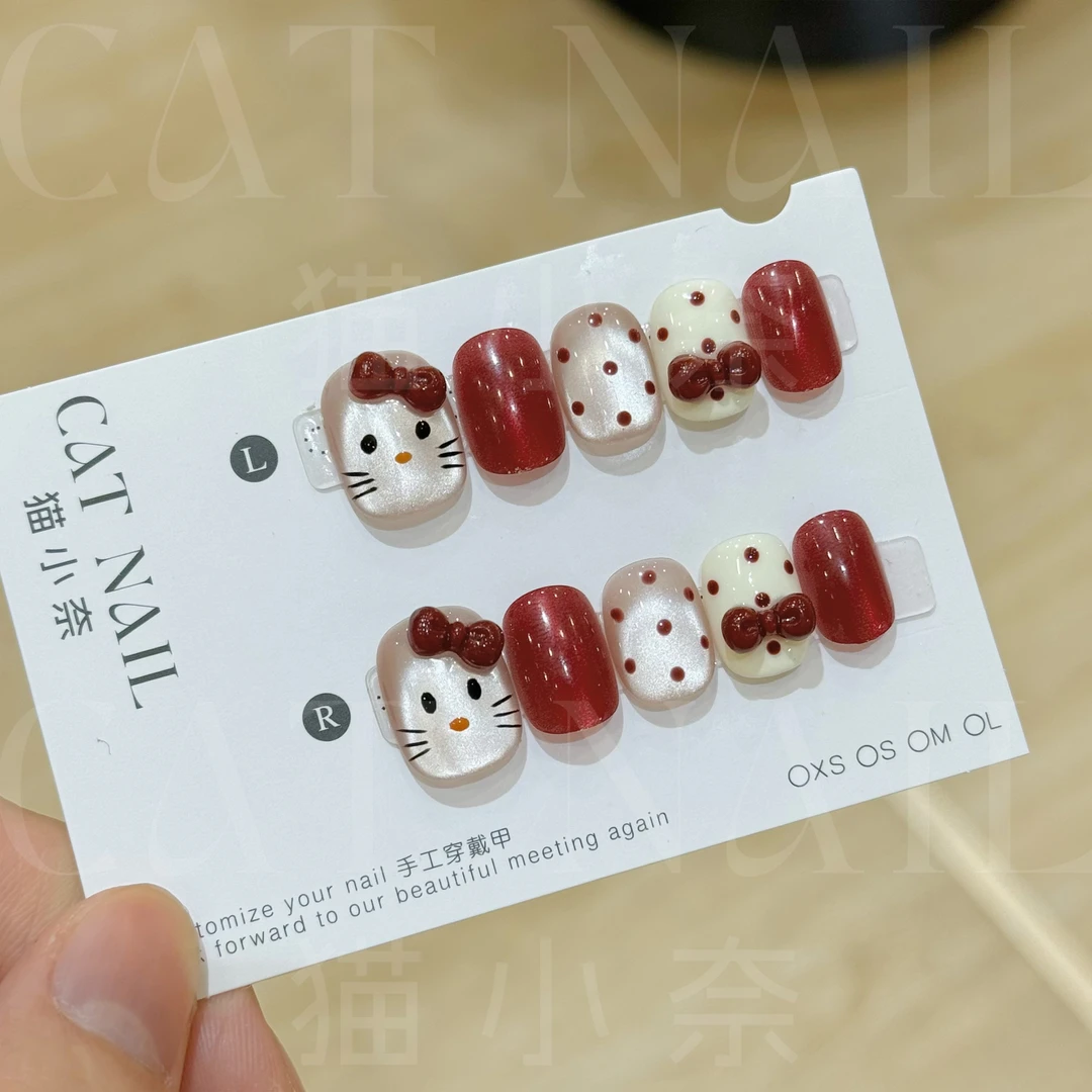 【短方】红色kitty猫 纯手工穿戴甲 美甲10片装 2025新款高级感