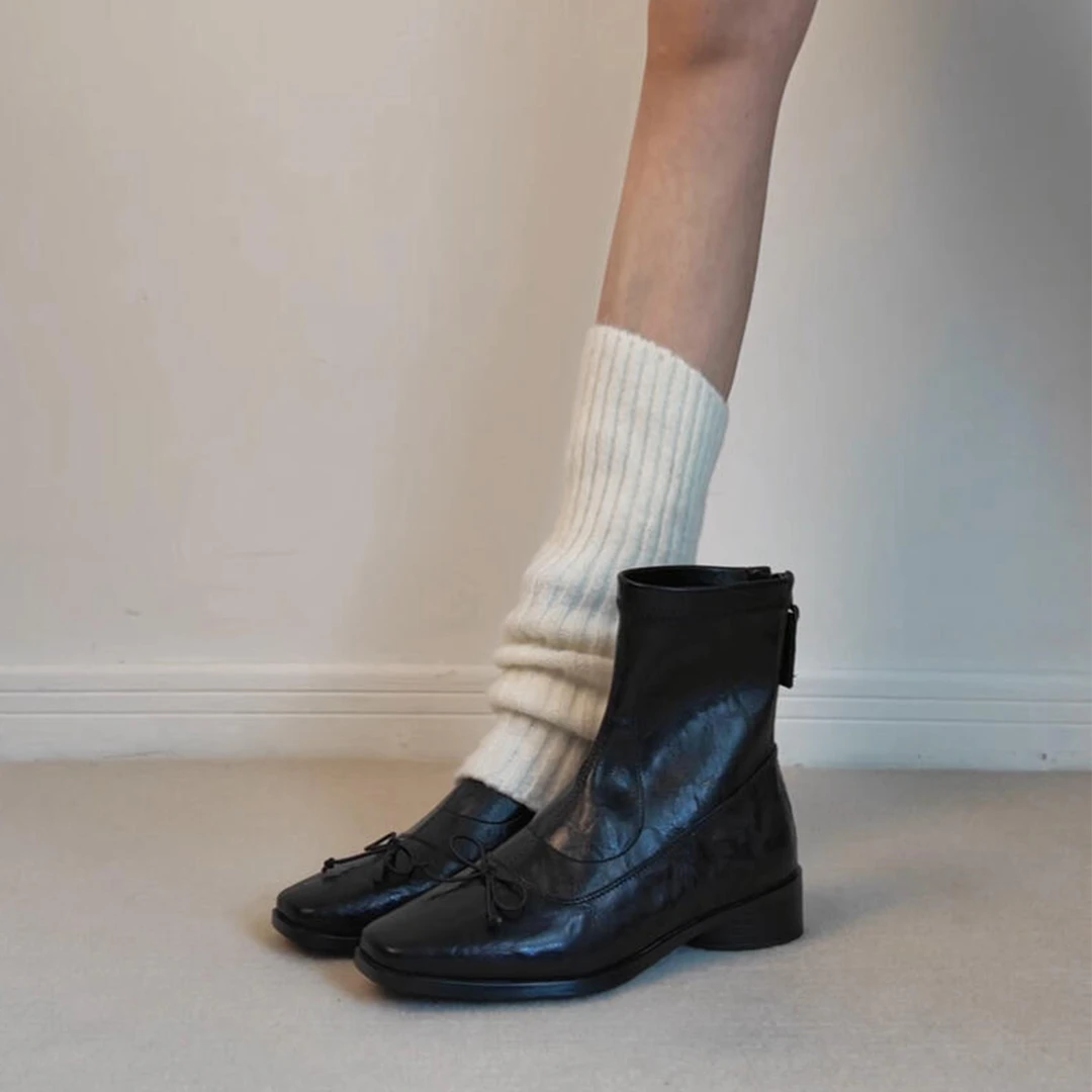 羊皮版~复古软皮方头蝴蝶结弹力瘦瘦女靴秋冬新款后拉链平底短靴