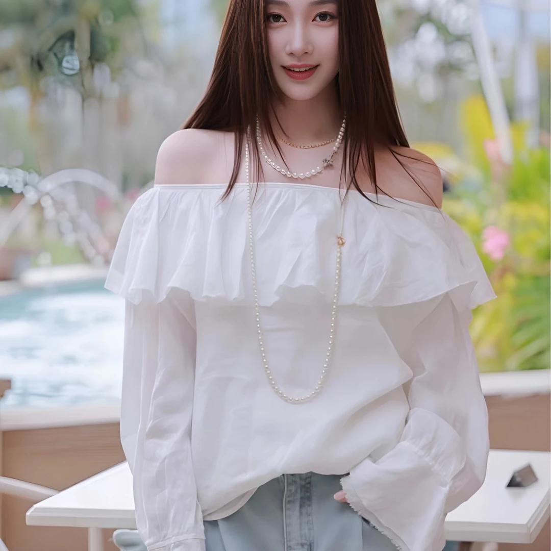 轻奢风高级感一字肩荷叶领喇叭袖衬衫女独特漂亮温柔洋气上衣春季
