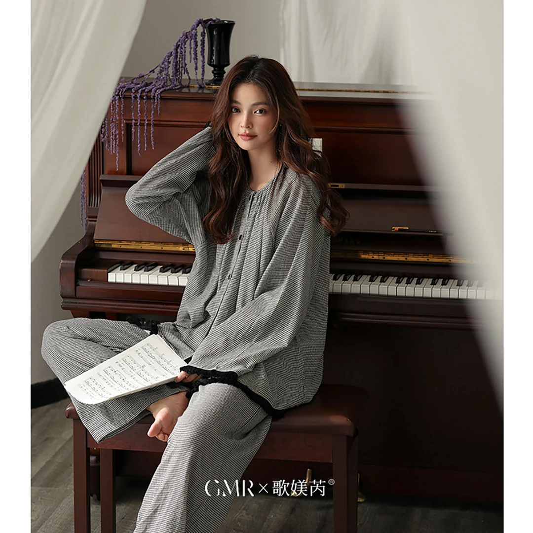 梭织纯棉睡衣女春秋季长袖格子开衫舒适棉夏薄款老钱风女士家居服