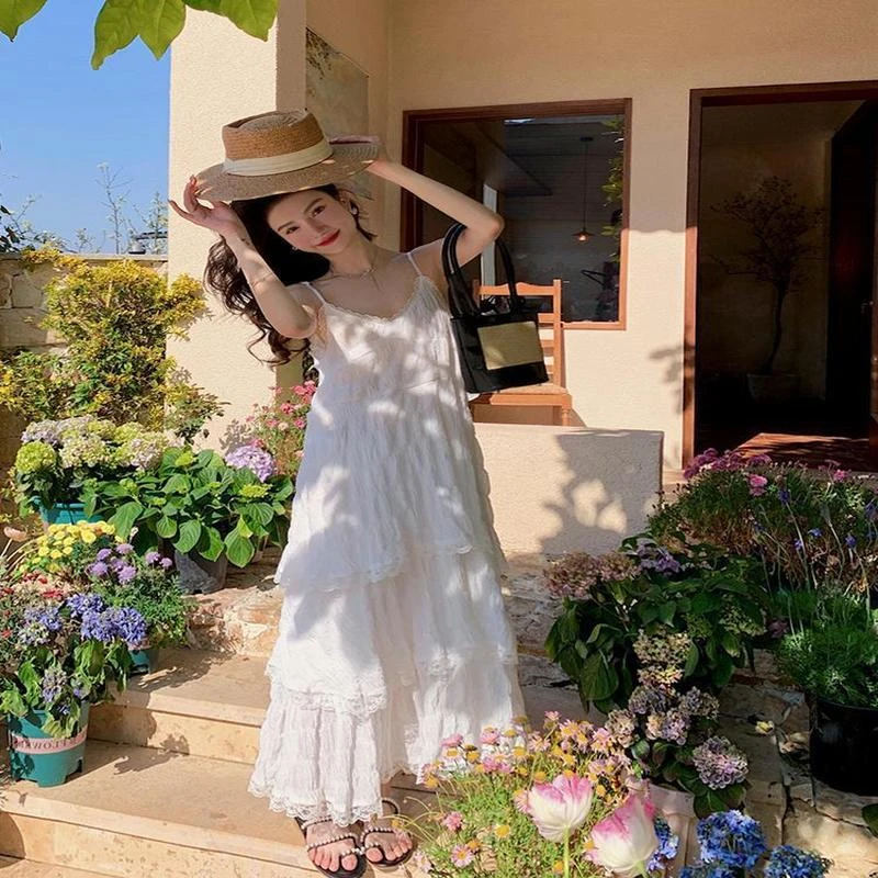 仙女白色连衣裙海边度假沙滩裙高级感法式长裙子吊带长裙夏季三亚