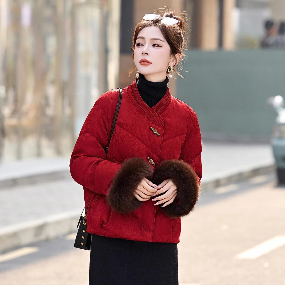 红色国风短款羽绒服女2025年冬季新款中式立领加厚保暖白鸭绒外套