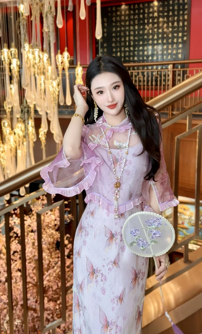 【媛珠 蝶遇香兰】重工刺绣印花蝴蝶旗袍连衣裙两件套长款春夏中式