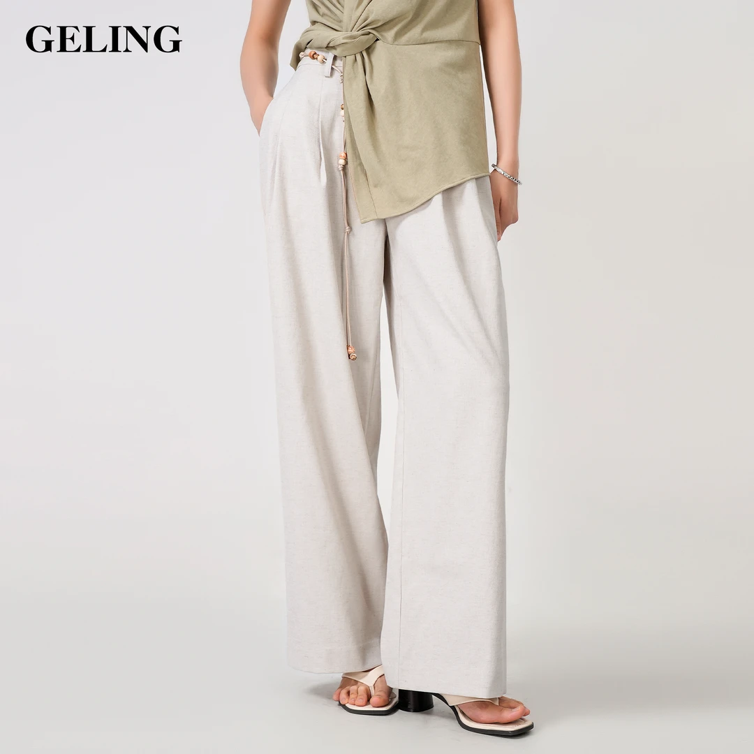 GELING/歌&玲夏季时尚百搭棉麻串珠腰带松紧腰直筒裤G512X138K