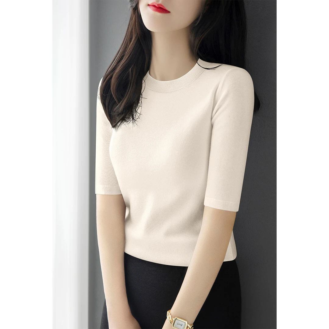 奶白色修身显瘦五分袖针织衫2025秋季新款纯色打底上衣圆领毛衣女