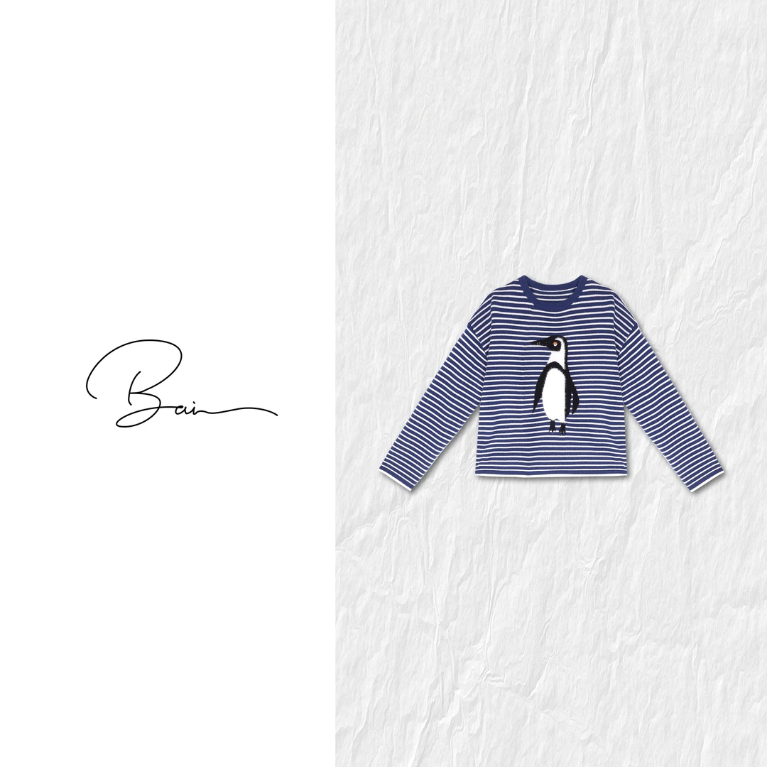 TXB 100羊毛横织条纹企鹅拉毛提花刺绣舒适针织上衣XB-7778