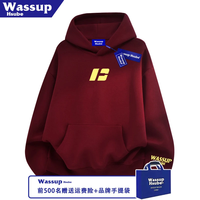 WASSUP HSUBE秋冬慵懒风简约创意印花酒红潮流上衣男女款连帽卫衣