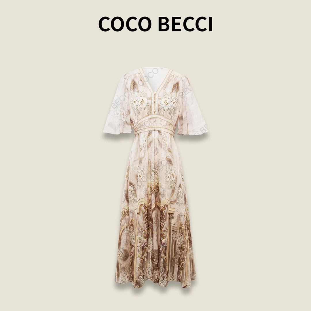 COCO BECCI【布拉格】桑蚕丝亚麻设计时尚显瘦连衣裙CFXYB372035