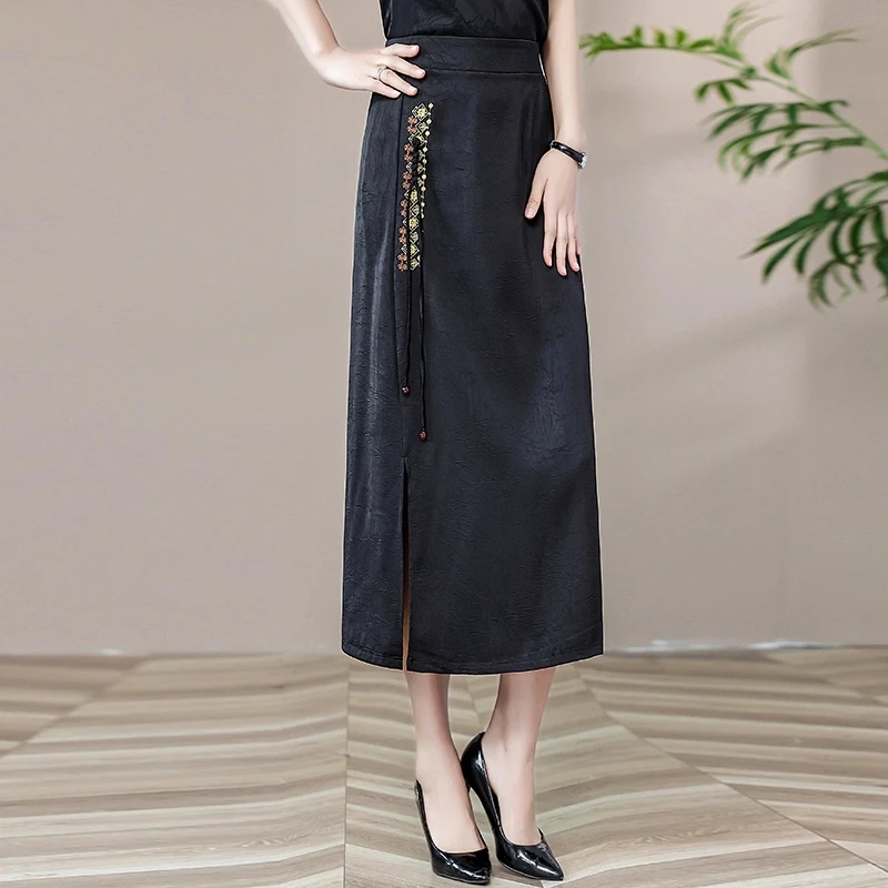 【桑波缎纹】L808新中式夏季半身裙时尚开叉高腰显瘦包臀半身裙808