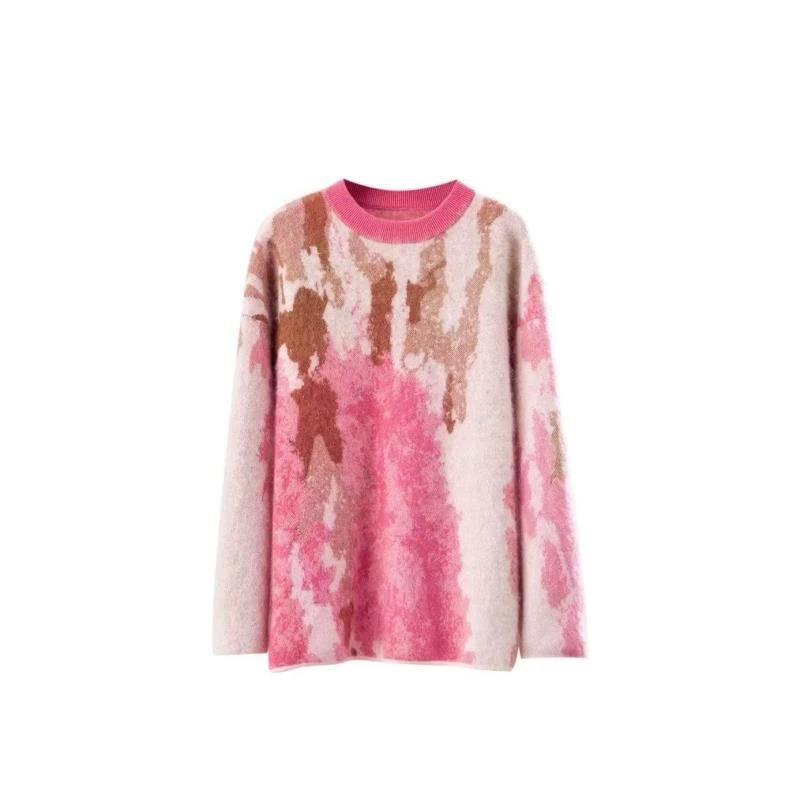 【硬货】265时尚粉雾油画感百搭宽松型撞色提花圆领针织打底女毛衣