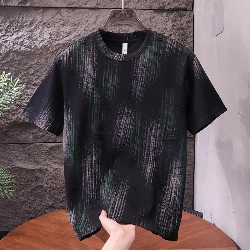 JJ高级感扎染短袖T恤男破洞设计感2025新款夏季圆领潮流痞帅半袖