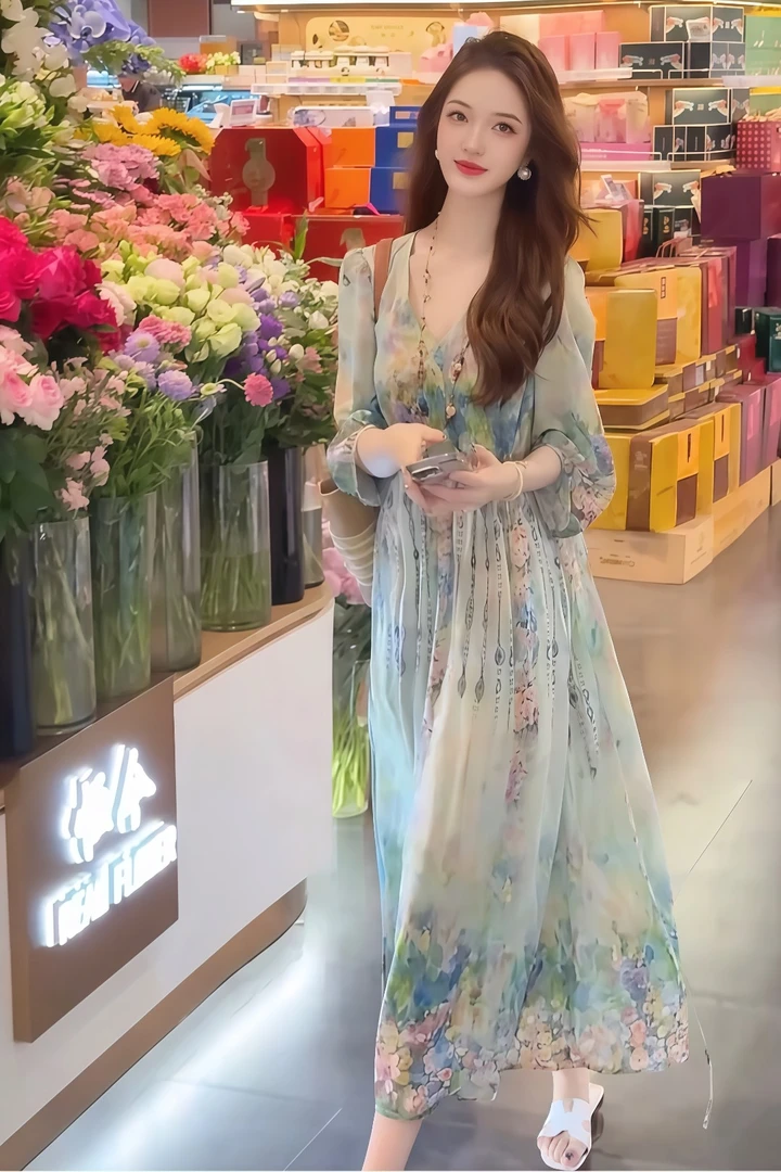 夏季新款气质时尚慵懒法式连衣裙女2025大码宽松显瘦碎花温柔风裙