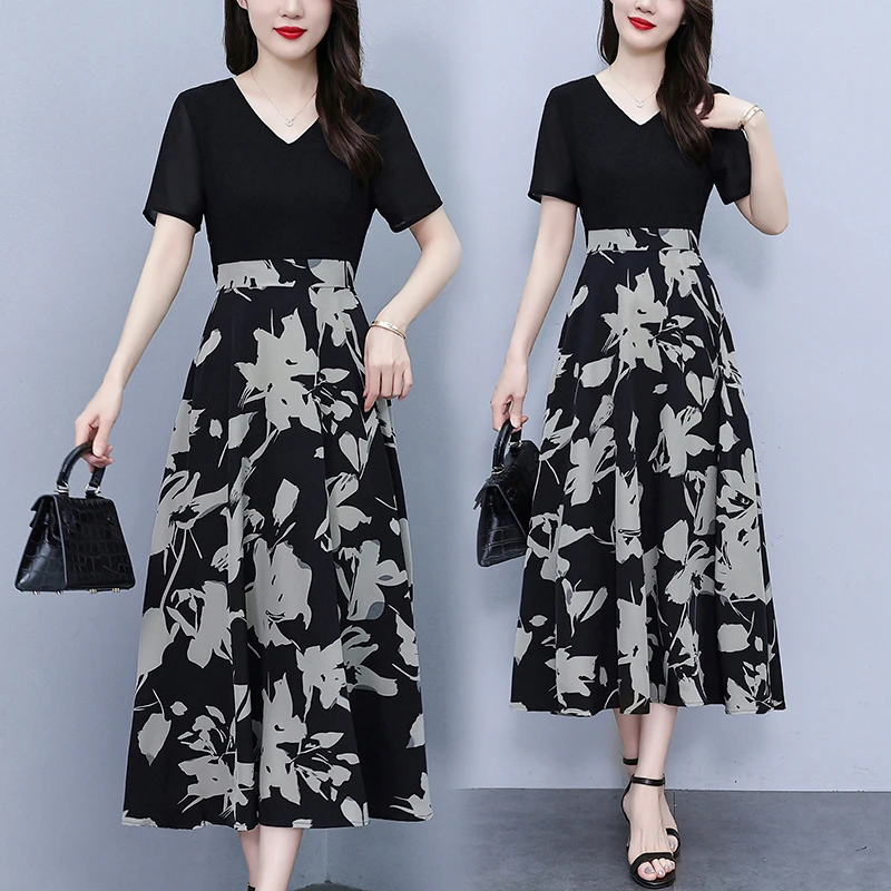 2025夏季新款高端雪纺连衣裙大码印花收腰长款显瘦遮肚过膝长裙子