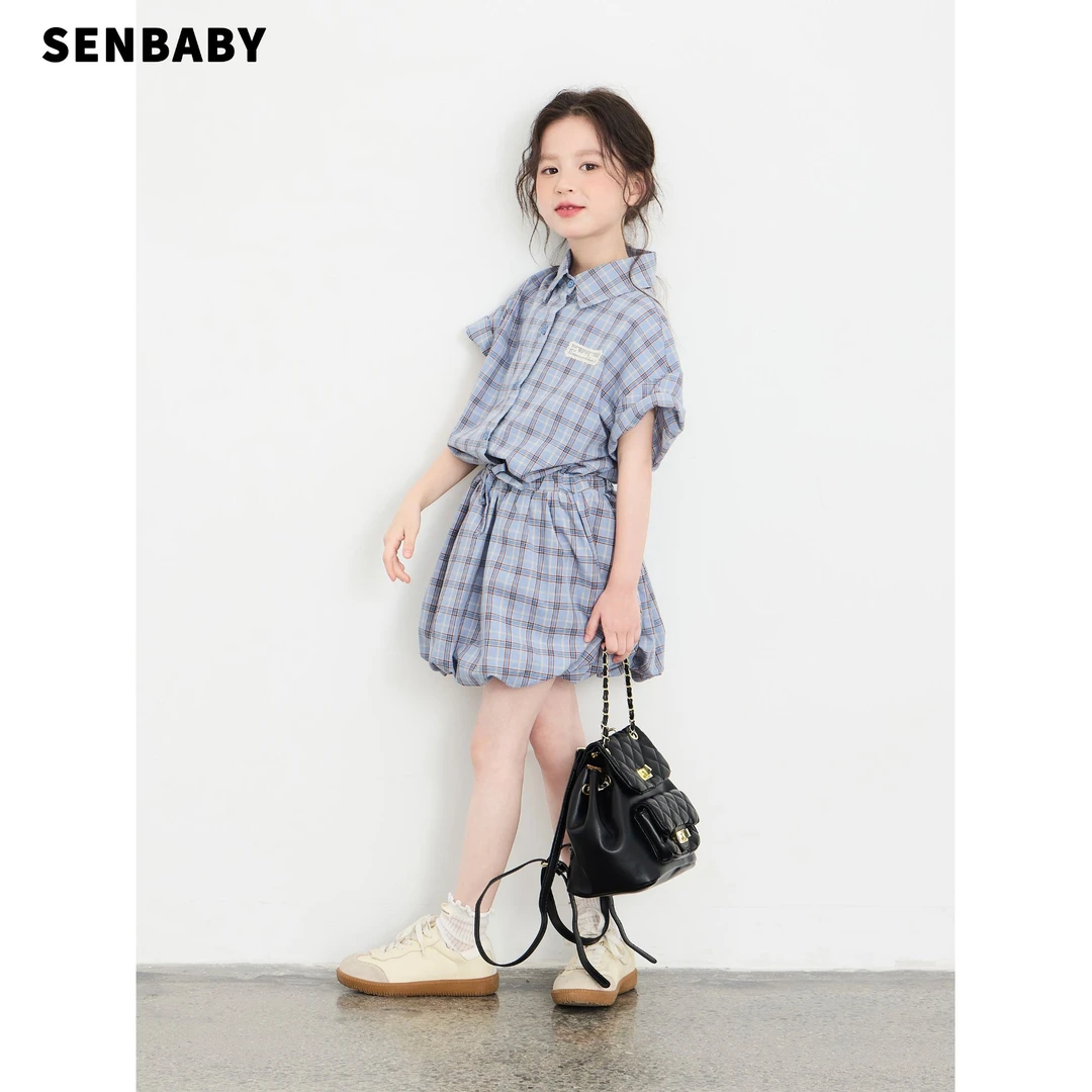 【现货】童装女童韩版两件套装夏季新款衬衣设计格子花苞裤裙
