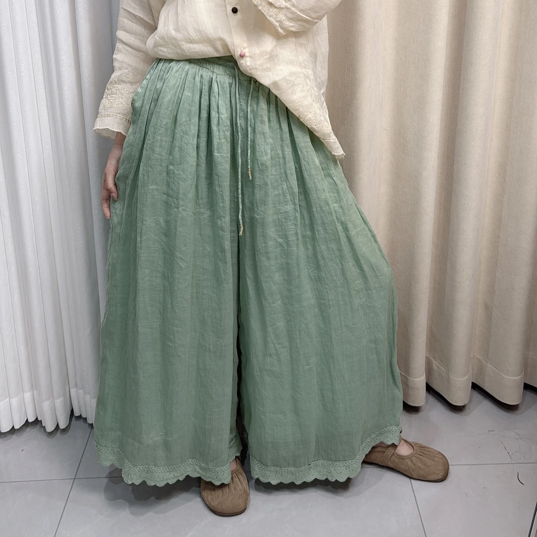 【苏里】82002 春夏新款苎麻双层花边裙裤女长款休闲松紧腰阔腿裤