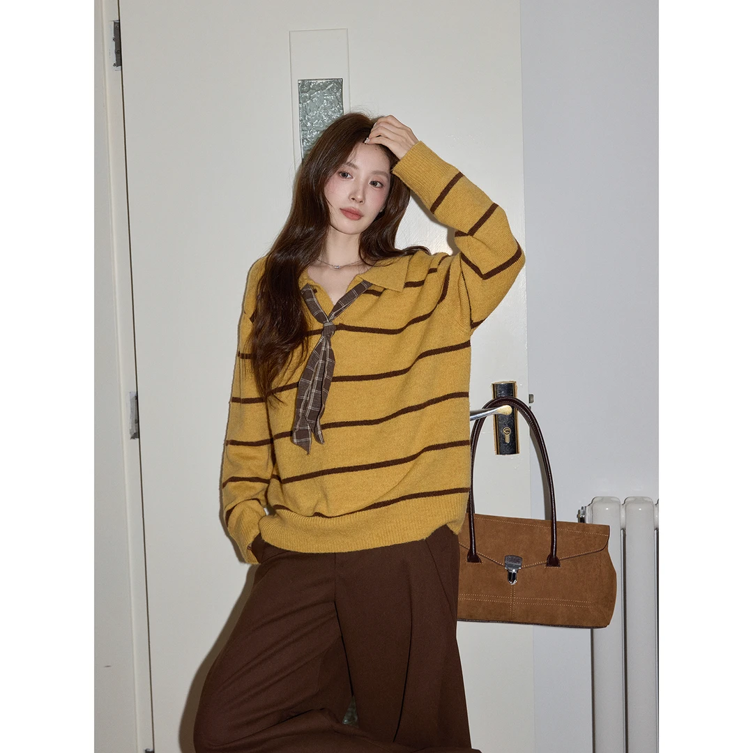 【吵吵家】韩系黄色POLO领条纹套头毛衣女2025秋冬慵懒宽松长袖上衣