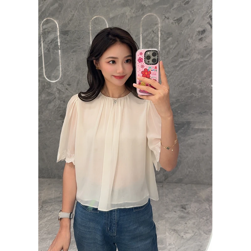 【琳媚】“上衣“通勤时尚优雅1OO%桑蚕丝圆领上衣女