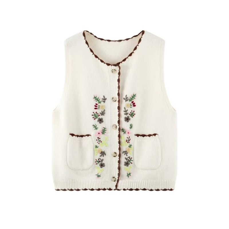 重工刺绣女士100%山羊绒开衫马甲宽松复古撞色无袖绣花羊绒衫