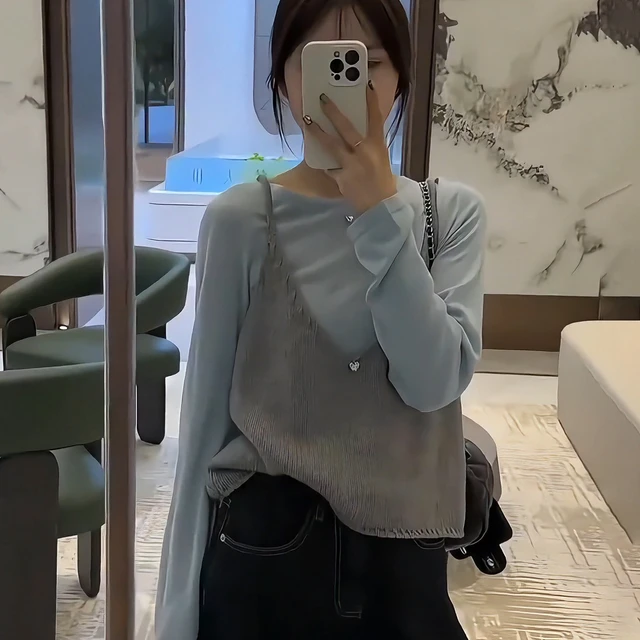 大码胖mm韩系圆领长袖T恤女早秋装设计感叠穿吊带背心两件套上衣