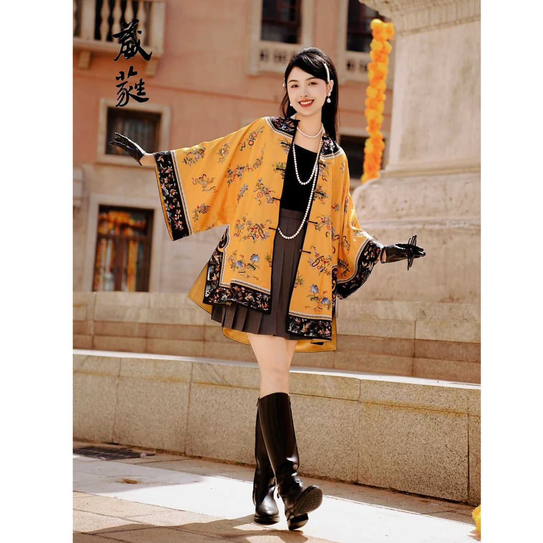 【一揽富贵】葳蕤国风中式服装重工手绣圆领对襟黄色上衣（长87）