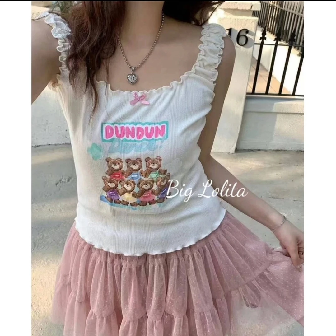 大码韩系小熊蝴蝶结印花宽松有弹力吊带背心