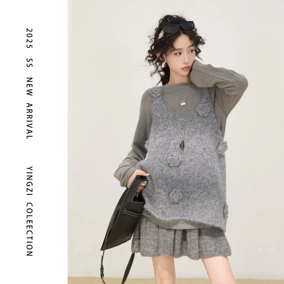 颖子定制【馥郁玫瑰】设计感立体玫瑰羊毛毛织背心叠穿马甲 9831