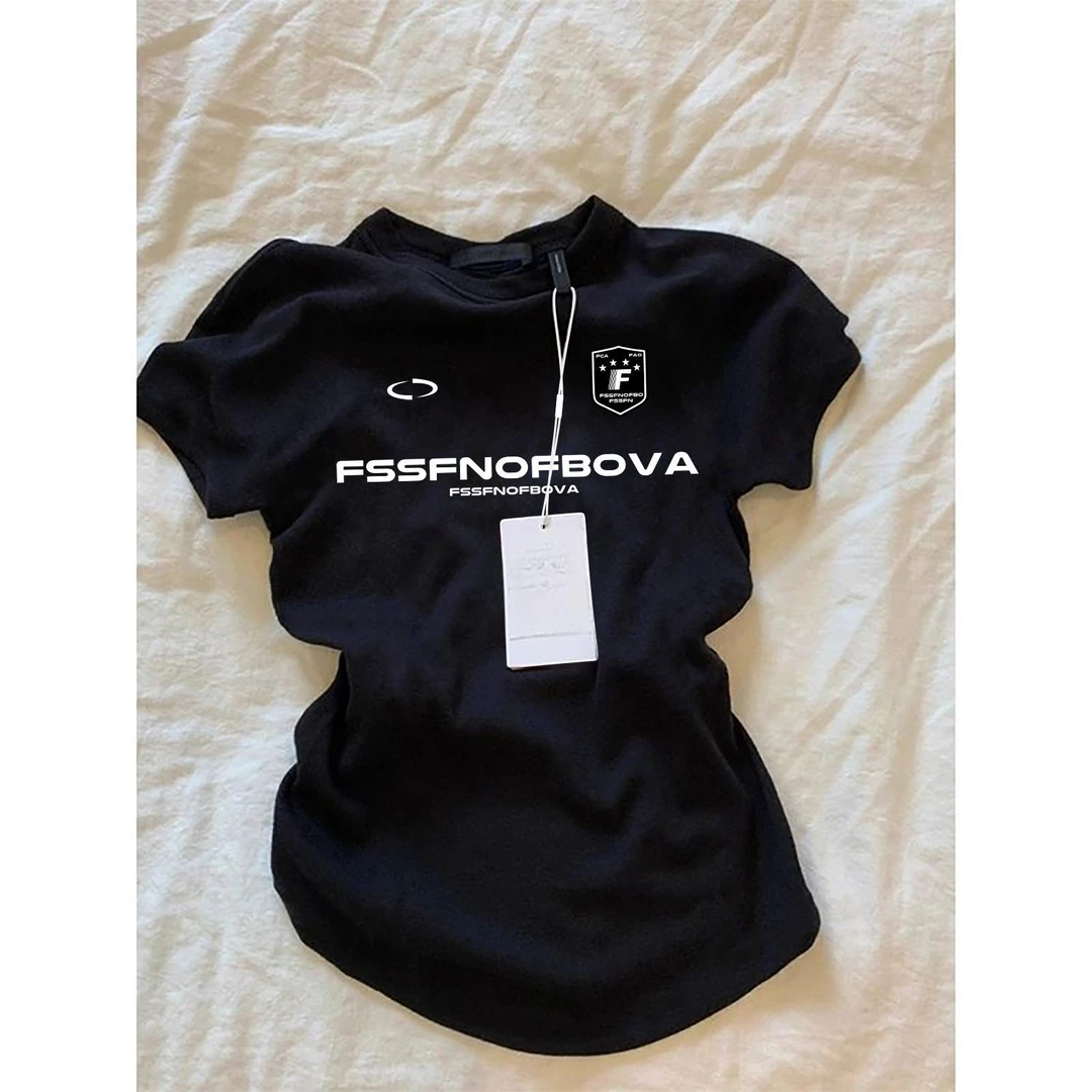 设计美式正肩复古新款短袖T恤女2025夏季修身辣妹显瘦休闲上衣ins