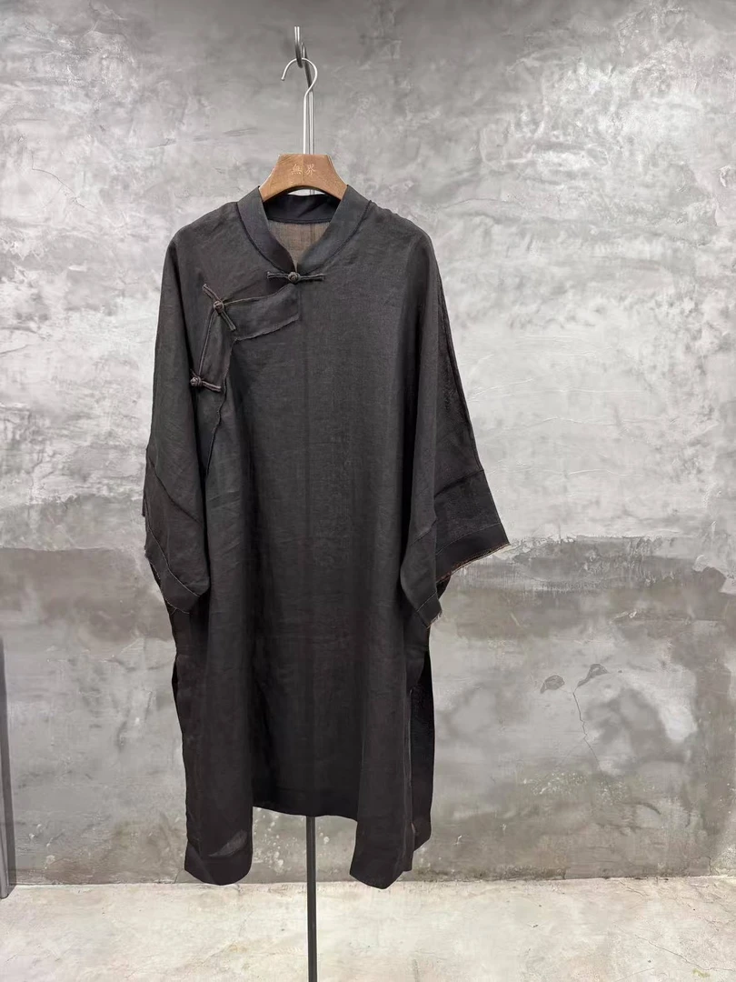 还朴堂原创高品质宽松休闲禅意香云纱麻盘扣袍子