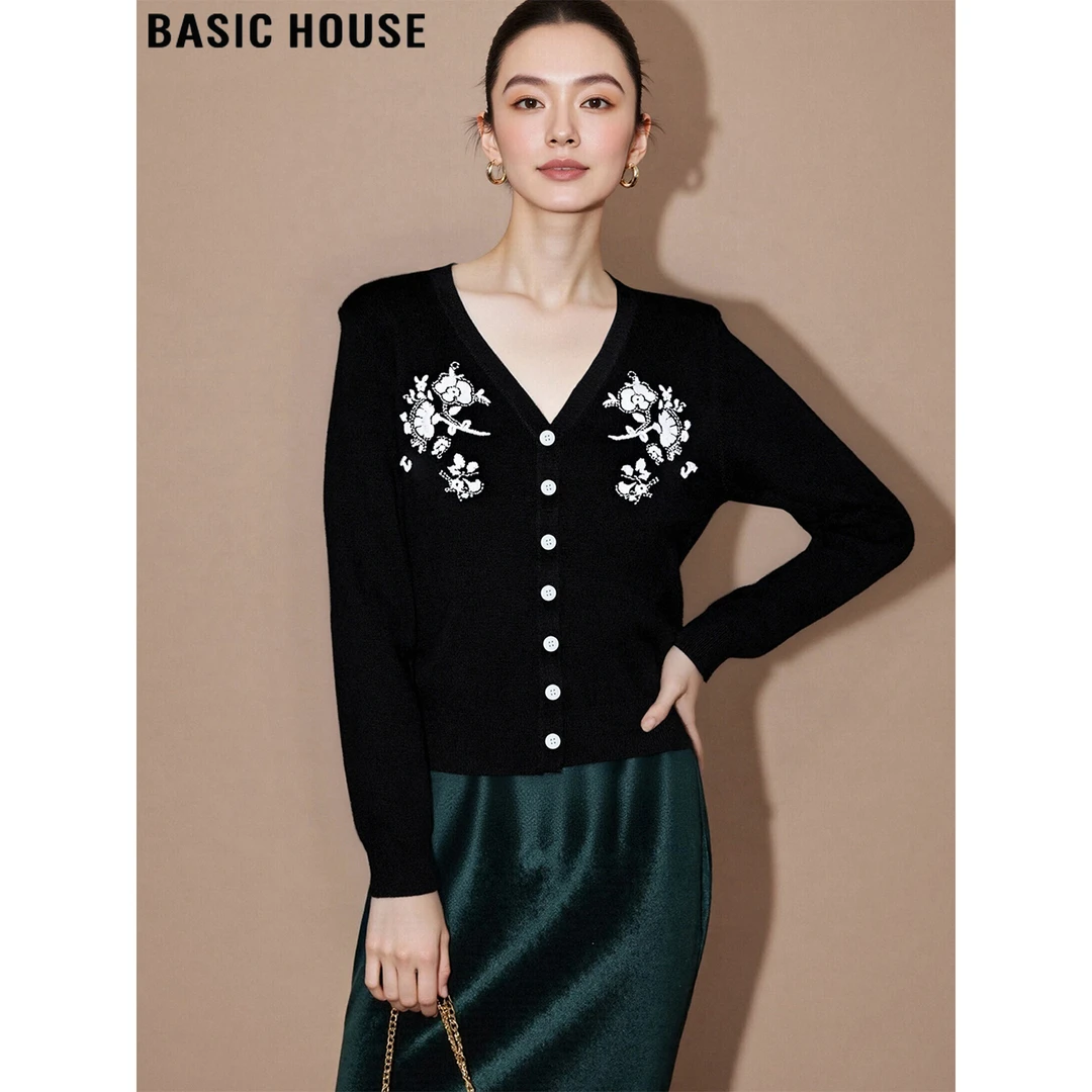 Basic House/百家好黑色含羊毛V领刺绣针织开衫女2025冬毛衣外套