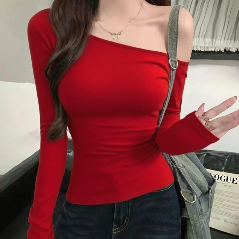辣妹红色性感斜肩长袖t恤女生修身显瘦春秋纯欲甜辣内搭纯色上衣