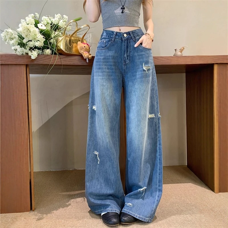 美式复古破洞牛仔裤女2025年夏季新款高腰显瘦直筒阔腿拖地长裤子