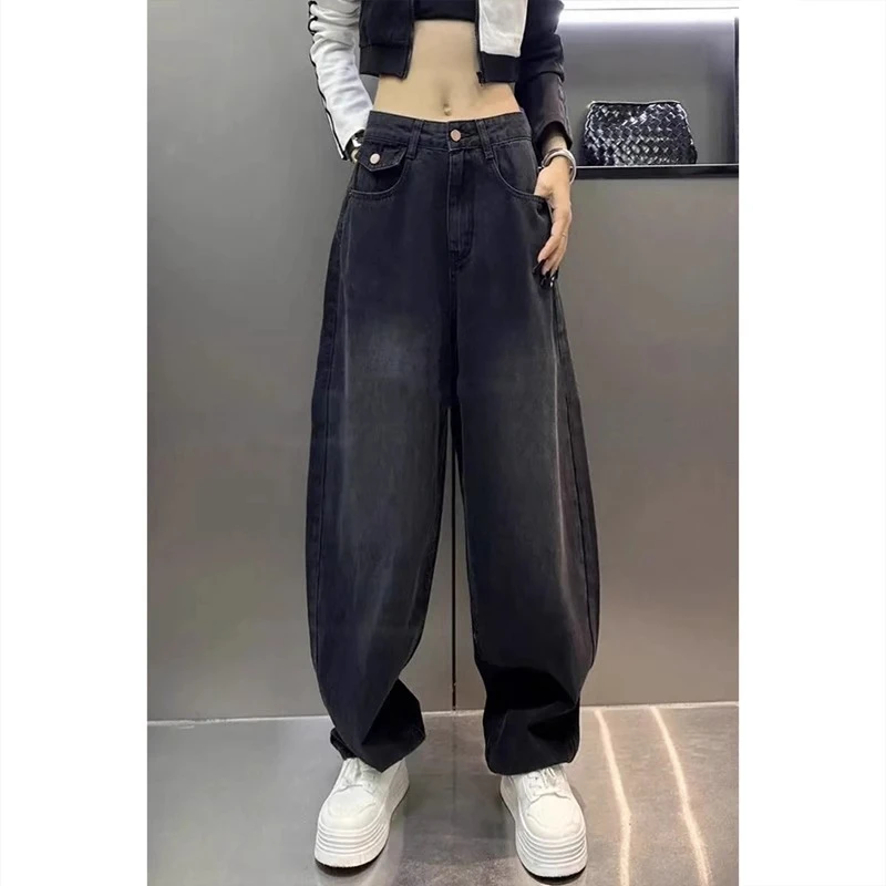 黑色阔腿哈伦牛仔裤女2025春季新款胖mm弯刀裤梨形身材大码老爹裤