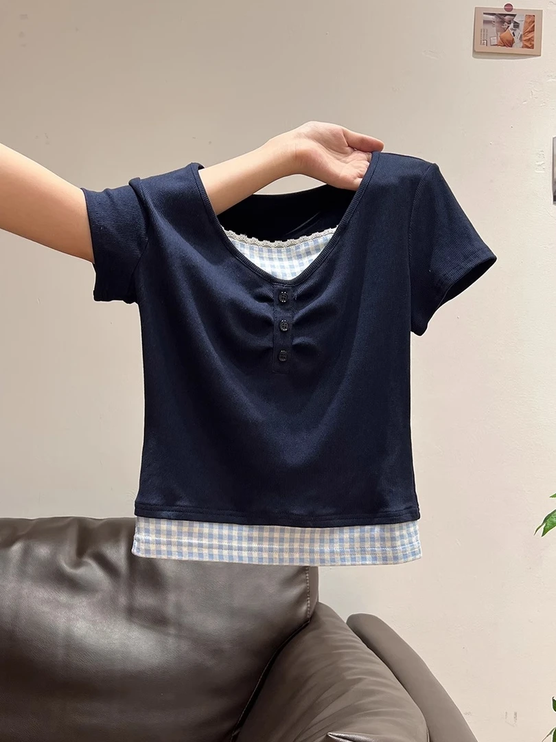 藏青色复古假两件蕾丝格子V领短袖t恤女夏小众独特抽褶摩斯风上衣