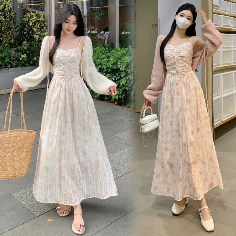 包包专属大码春季新款提花面料收腰显瘦碎花裙+开衫两件套6860