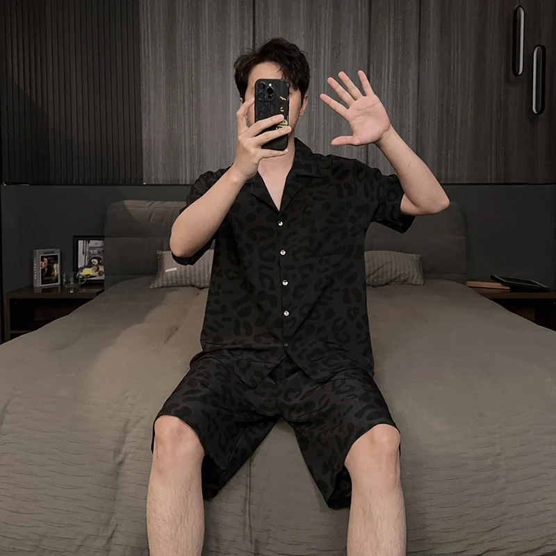 轻奢风豹纹冰丝男士夏季睡衣2025新款开衫高端夏天家居服薄款套装